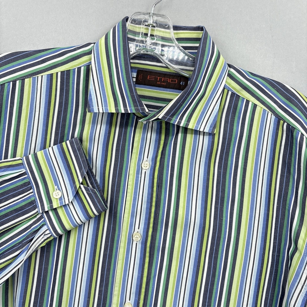 ETRO Shirt Mens Large 41 Striped‎ Blue Green NAvy Silk Cotton Made Italy Dress